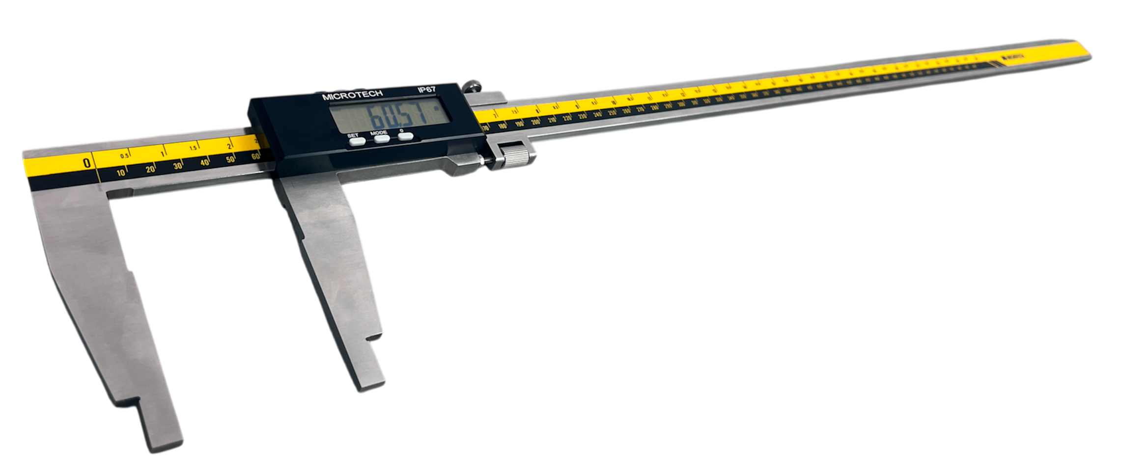 Microtech 1500mm Digital Messschieber, IP67 – Metall mit schwarzem Display, gelbe Skala, schräg von oben