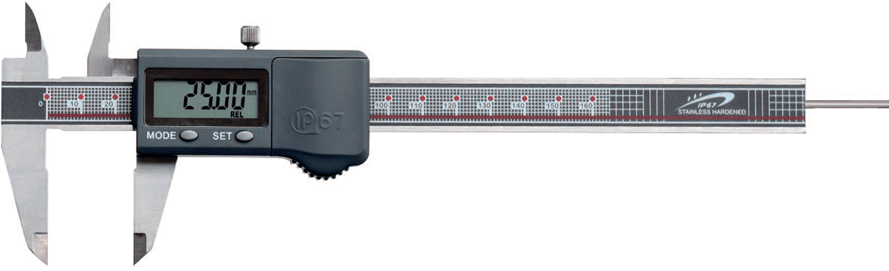 150 mm Digital-Messschieber, 0,01mm Ablesung, Hartmetall-Messflächen, IP67, rundes Tiefenmaß 1,6 mm, Kunststoffkiste, vierfach Messung - Metav IndustryLine