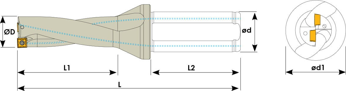 Technische Zeichnung eines Vollbohrers. Schwarze Linien auf weißem Hintergrund. Die Wendeplatten sind in Gelb angezeigt. Links befindet sich eine Seitenansicht, auf der rechten eine Vorderansicht. Mit Größenangaben.