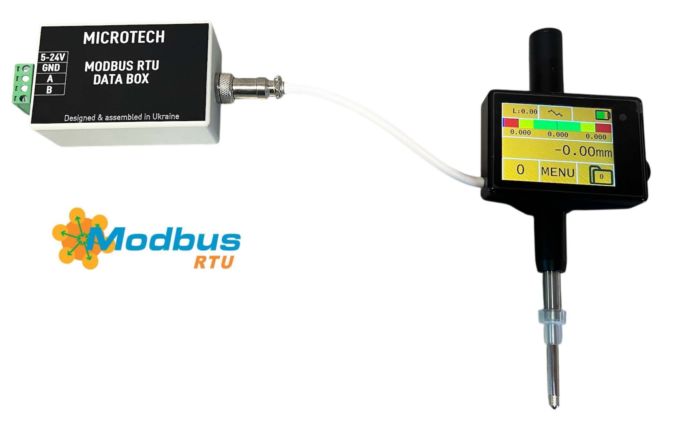 MICROTECH Modbus TCP/IP Databox: Schwarz-weißes Gehäuse, DataMet-Gerät mit Display in Gesamtansicht