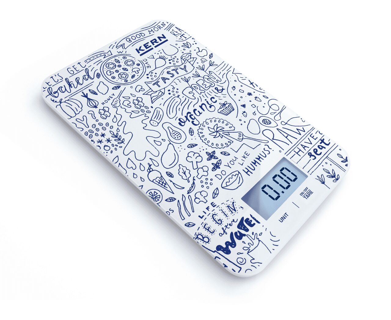 Design Küchenwaage auf weißem Hintergrund. Die Waage ist rechteckig und die Wägefläche ist mit blauen Figuren und Schriften verziert. Auf dem unteren Rand befindet sich eine Digitalanzeige.