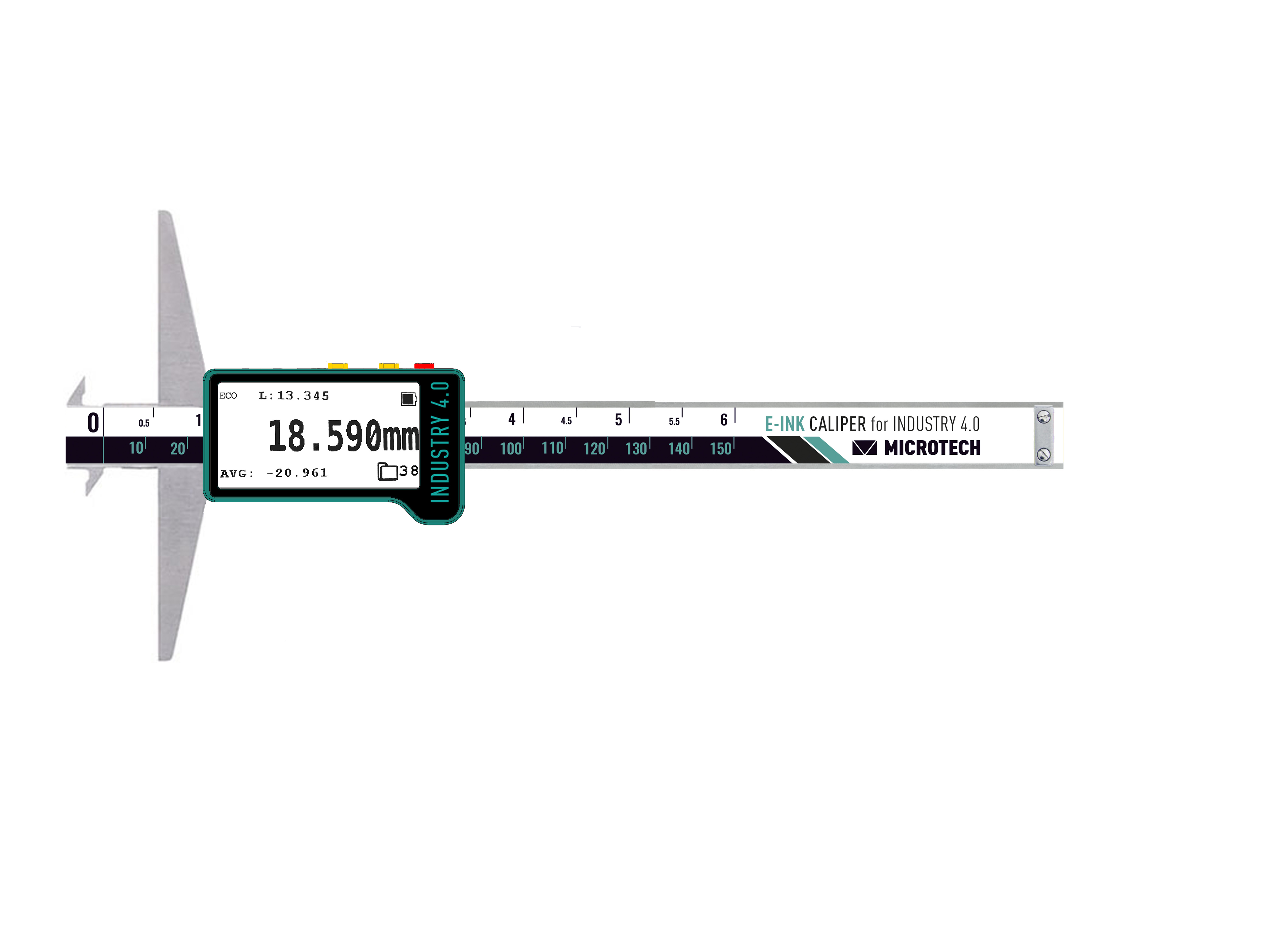 300mm Digitaler Tiefenmessschieber, 0,005mm Auflösung, E‑Ink Display, Wireless+USB, IP54, Tiefen‑ und Außenmessung möglich - Microtech Metrology