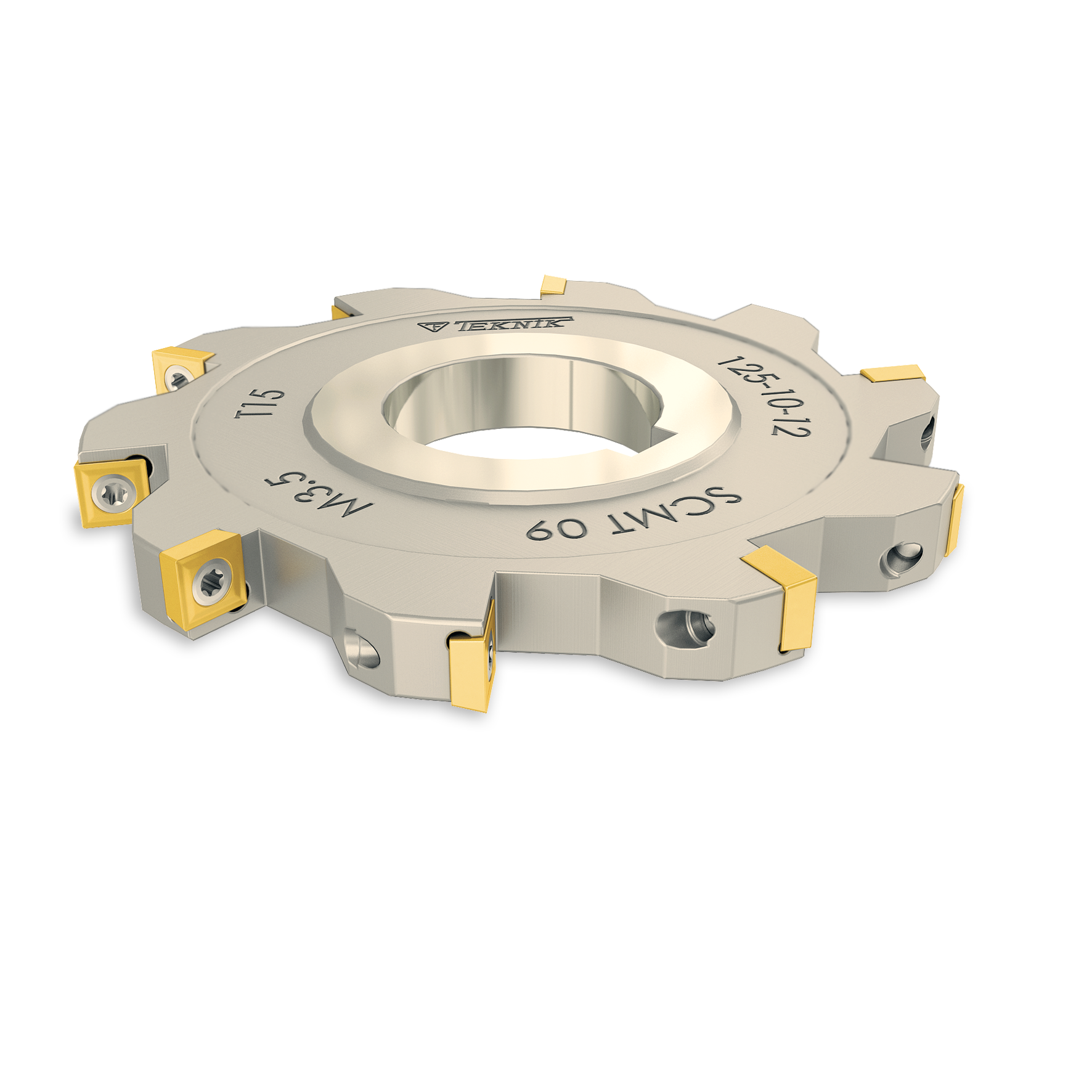 Scheibenfräser auf weißem Hintergrund. Mit 10 Zähnen. Auf der Oberfläche befinden sich das Logo der Herstellers Teknik Makina und der Artikelcode. Dieser Code besteht aus den Technischen Daten, wie z.B. Durchmesser und passende Wendeplatten, des Fräsers.