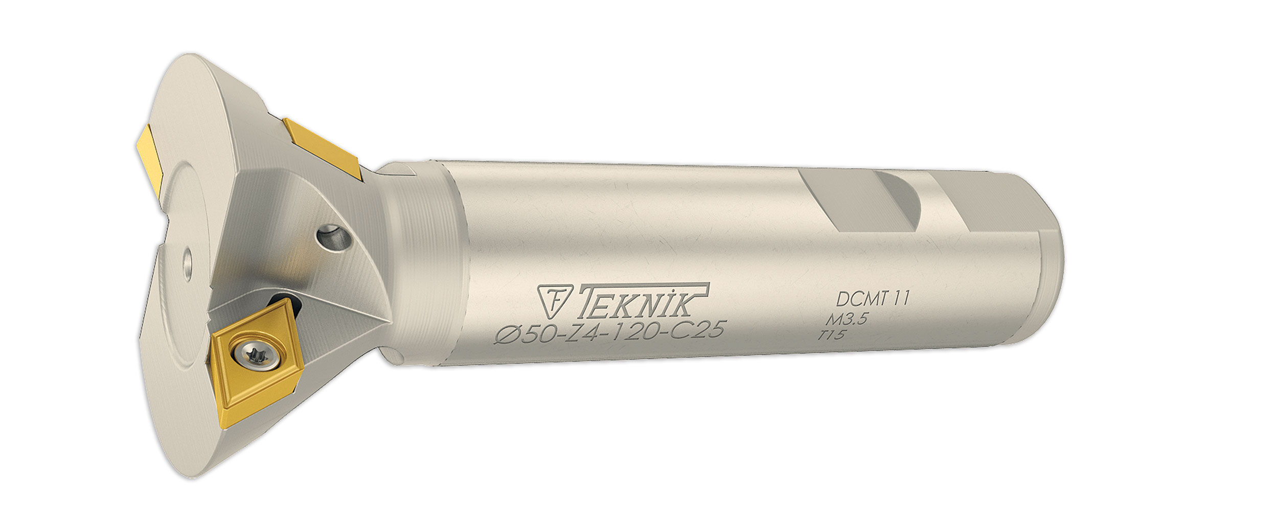 T-Nut-Fräser auf weißem Hintergrund. Geeignet für Wendeplatten des Types DCMT. Auf der Seite befinden sich das Logo des Herstellers Teknik Makina und der Artikelcode.