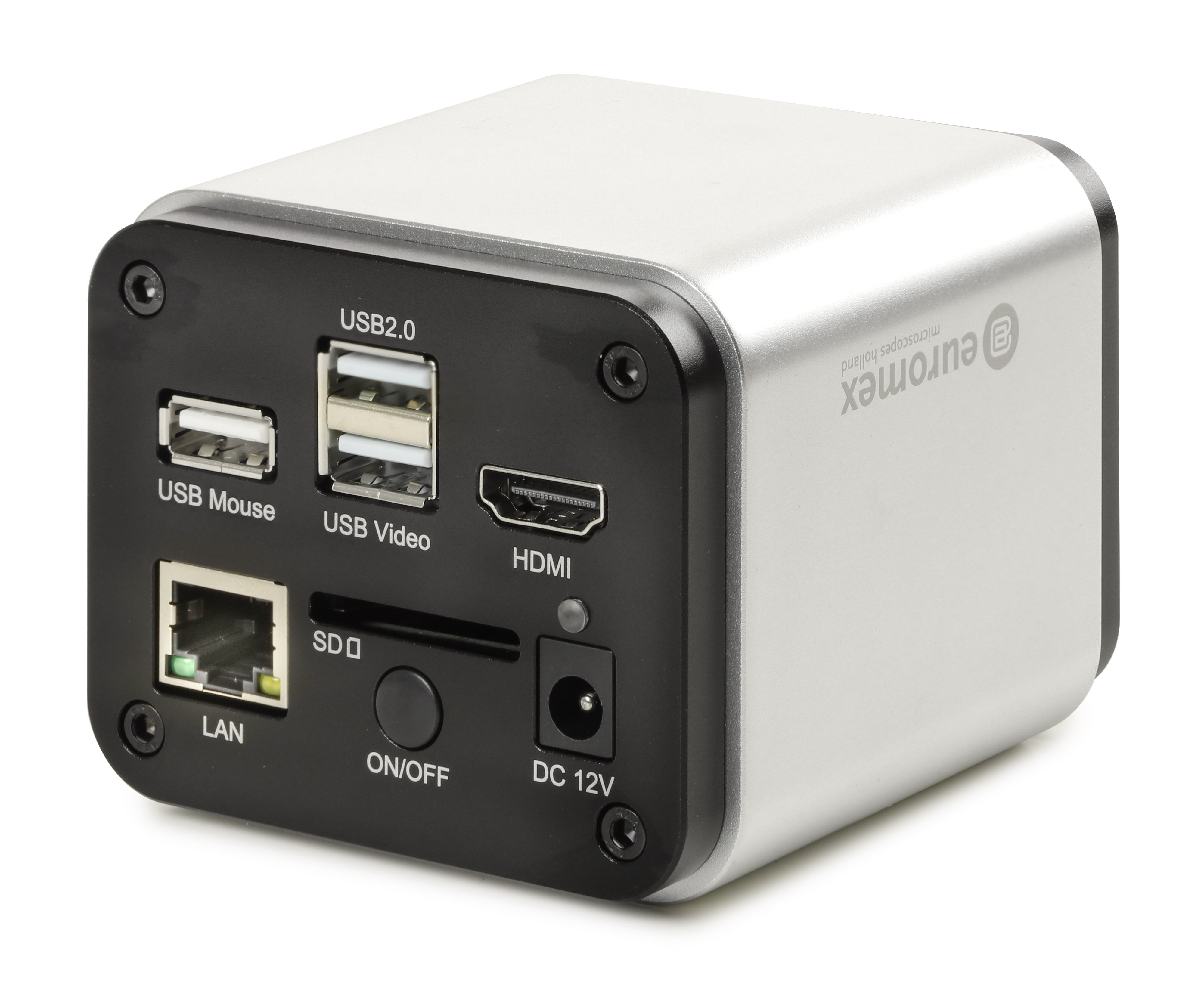 HD-Farbkamera auf weißem Hintergrund. Die Kamera ist leicht von der Seite abgebildet, mit der Rückseite im Vordergrund. Auf der Rückseite kann man mehrere USB-Eingänge sehen. Das Logo von Euromex steht kopfüber auf der Seite der Kamera.