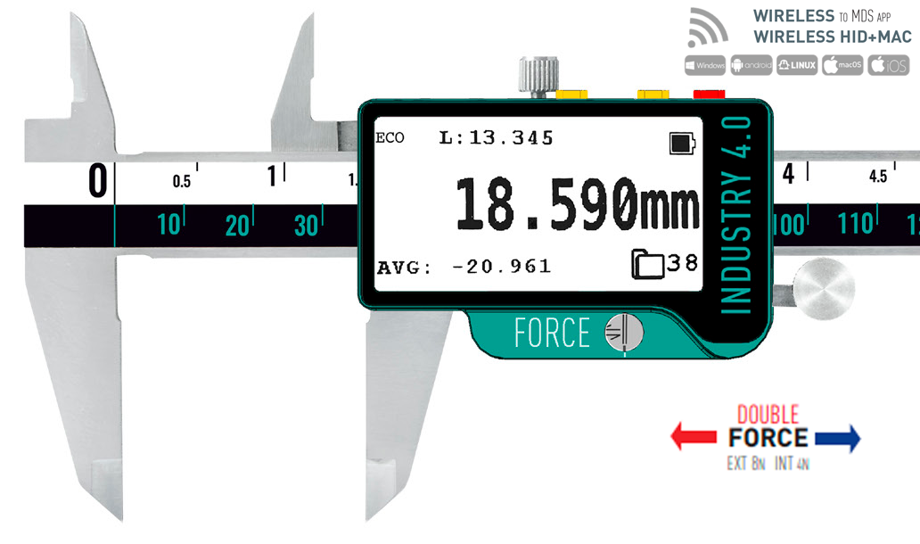 Microtech Digitaler Präzisionsmessschieber 300mm: E-Ink Display zeigt 18.590mm Messwert, Vorderansicht