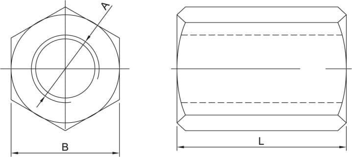 Vertex M18x2,5mm Gewindekupplung: Technische Zeichnung, Frontal- und Seitenansicht, Maße M18, 32x48mm, hex nut, locknut, stahl, verzinkt, gewinde