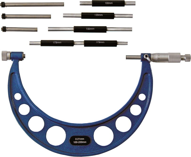 150mm Bügelmessschraube, 0,01mm Auflösung, 6 wechselbare Ambosse, HM-Flächen, Werksnorm - Metav IndustryLine