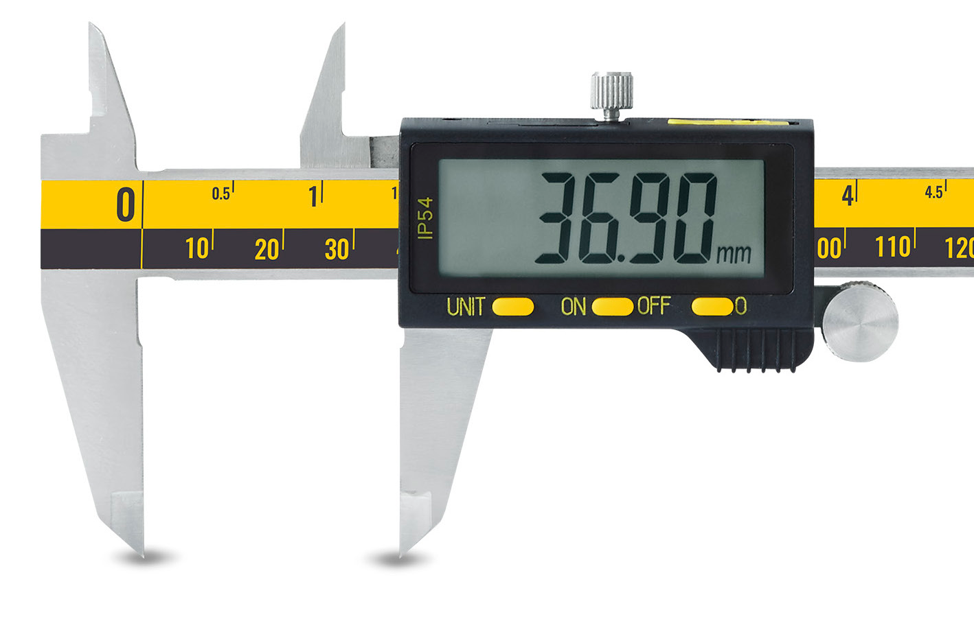 200mm Digitaler Präzisionsmessschieber: Frontalansicht, silbernes Metall, schwarzes Display mit 36.90 mm