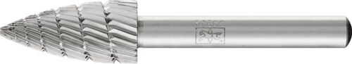 SPK Frässtift D.12mm HSS Verzahnung 3: Silberfarben mit Spitzbogenform, seitlich auf weißem Hintergrund