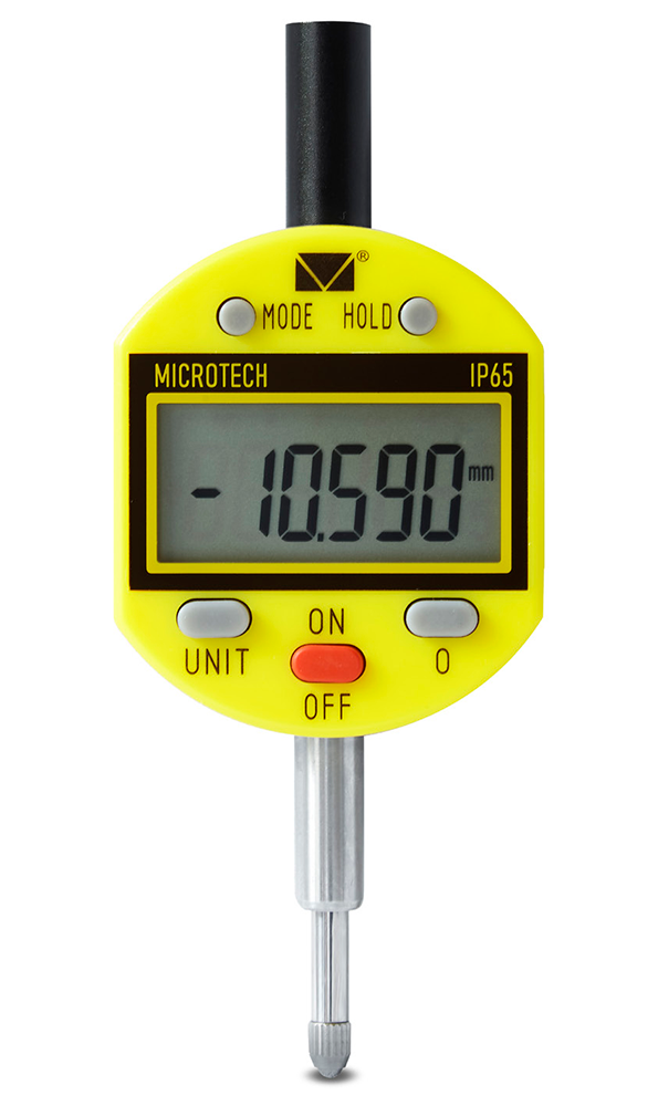 Microtech Digitale Messuhr 25,4mm: Gelbes Gehäuse, LCD-Anzeige, Funktionsknöpfe, Frontalansicht