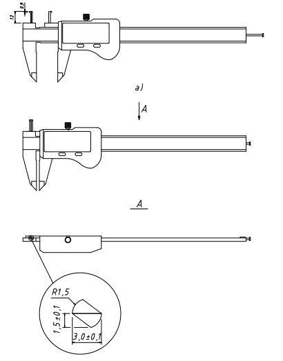 Microtech Metrology 150mm Digitaler Messschieber: Technische Zeichnung mit Draufsicht, Frontansicht, Detail B.