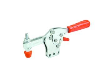 Horizontalspanner aus Metall auf weißem Hintergrund. Der Griff ist mit rotem Kunststoff abgedeckt. Der Fuß ist senkrecht um einen sicheren Halt zu bieten. Dieses Modell hat eine Sicherheitsverriegelung.
