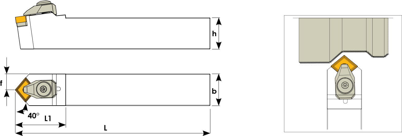 Technische Zeichnung eines Stech-Klemmhalters. Schwarze Linien auf weißem Hintergrund. Die Wendeplatten sind in Gelb angezeigt. Mit Größenangaben. Links befinden sich eine Vorder- und Seitenansicht, links davon ein Benutzungsbeispiel.