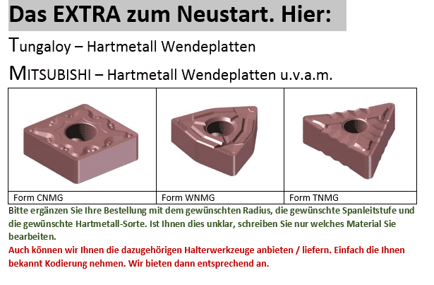 Ein Erklärungsblatt zu den Tungaloy Hartmetall Wendeplatten. Schwarzer Text auf weißem Hintergrund. Drei Wendeplatten sind abgebildet: CNMG, WNMG und TNMG.