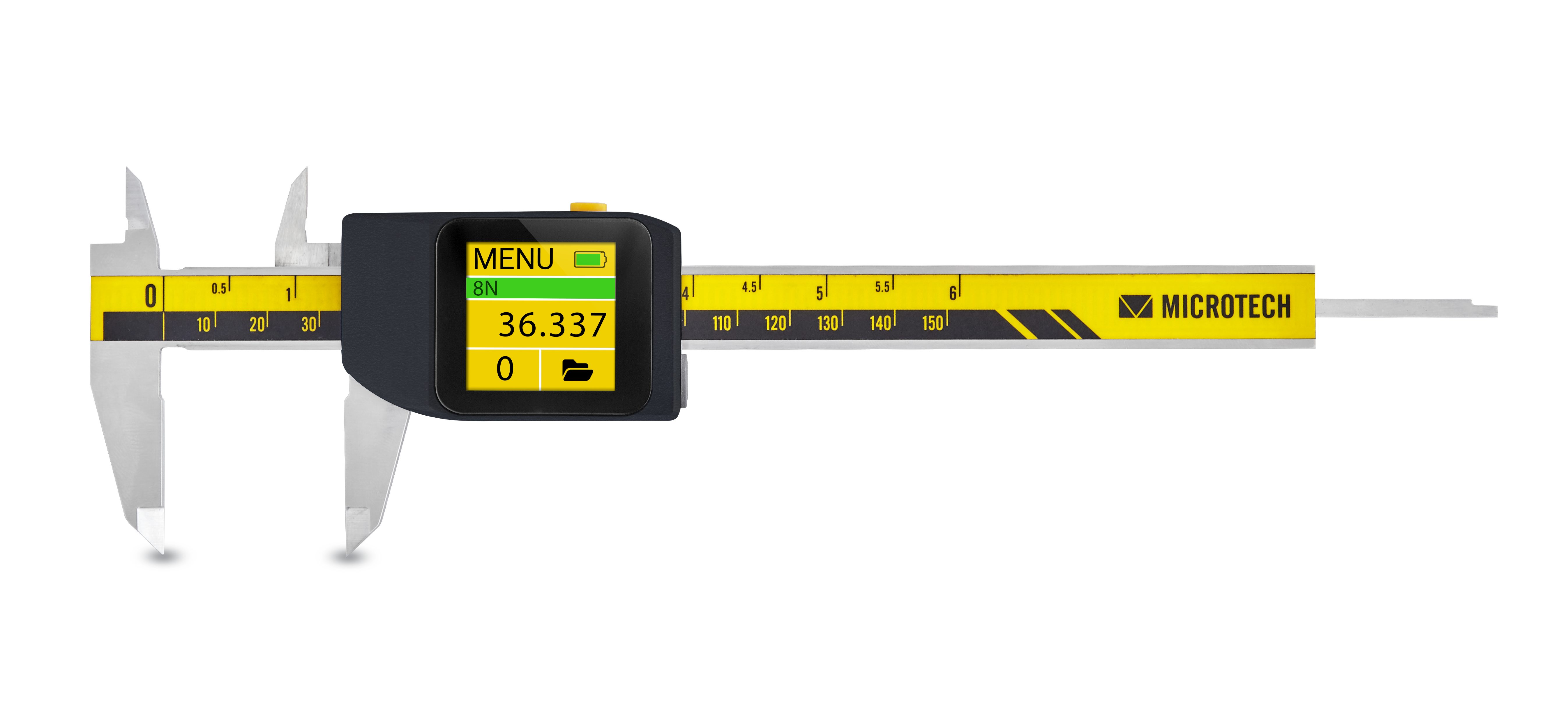 Digitaler Messschieber 141077030C - Frontalansicht, graues Gehäuse, gelbes Lineal, schwarzes Display mit 36.337 mm