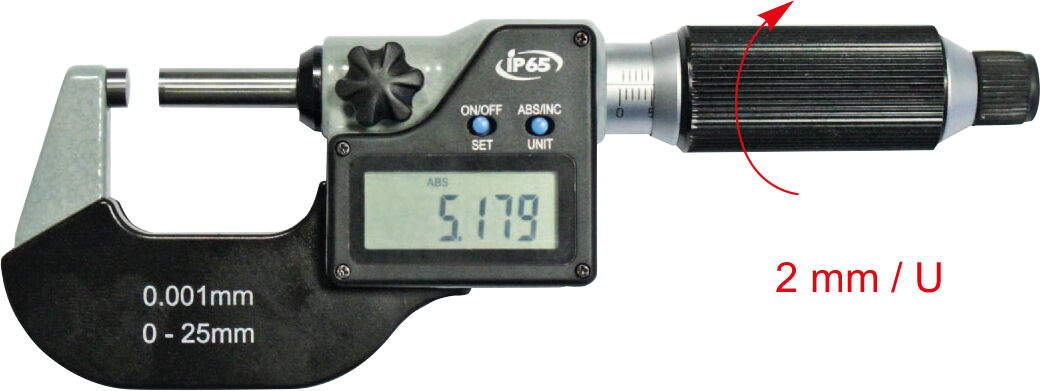 0,001mm Digital‑Mikrometer 25–50mm, IP65, 2mm Spindelsteigung, Messflächen 6,5mm, inkl. Kasten, lackierter Bügel – Metav IndustryLine