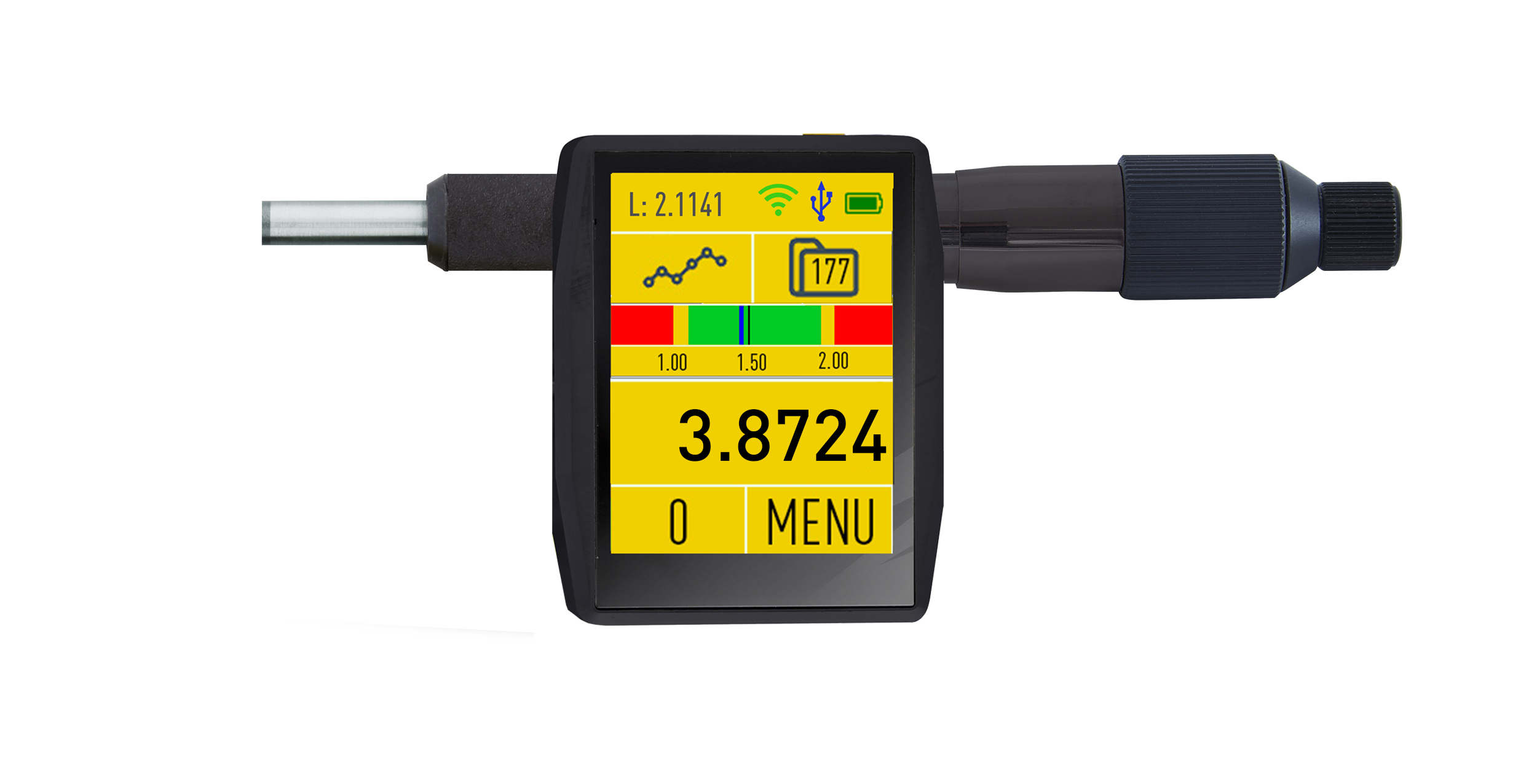 Einbaumessschraube auf weißem Hintergrund. Mit Tablet. Von Microtech Metrology.