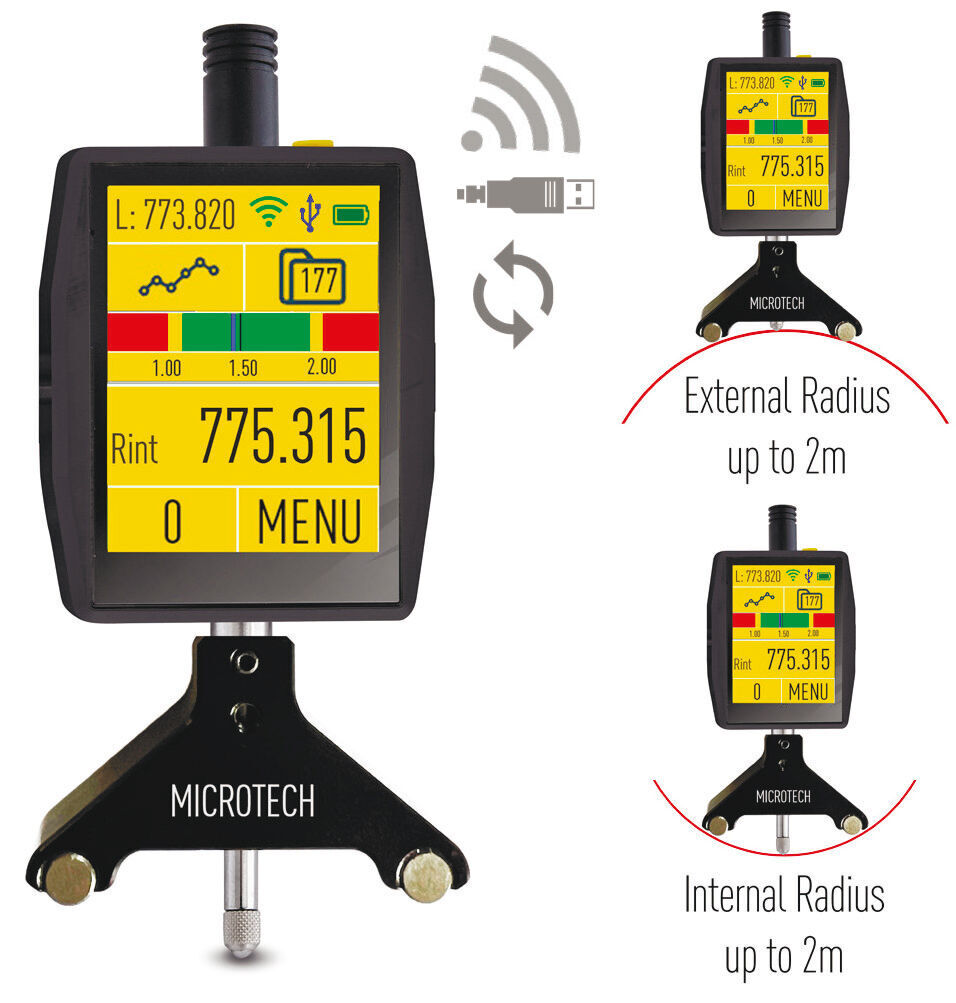 Digitales Radius-Messgerät von Microtech: Touchscreen-Anzeige, externe/interne Radiusmessung, Frontalansicht