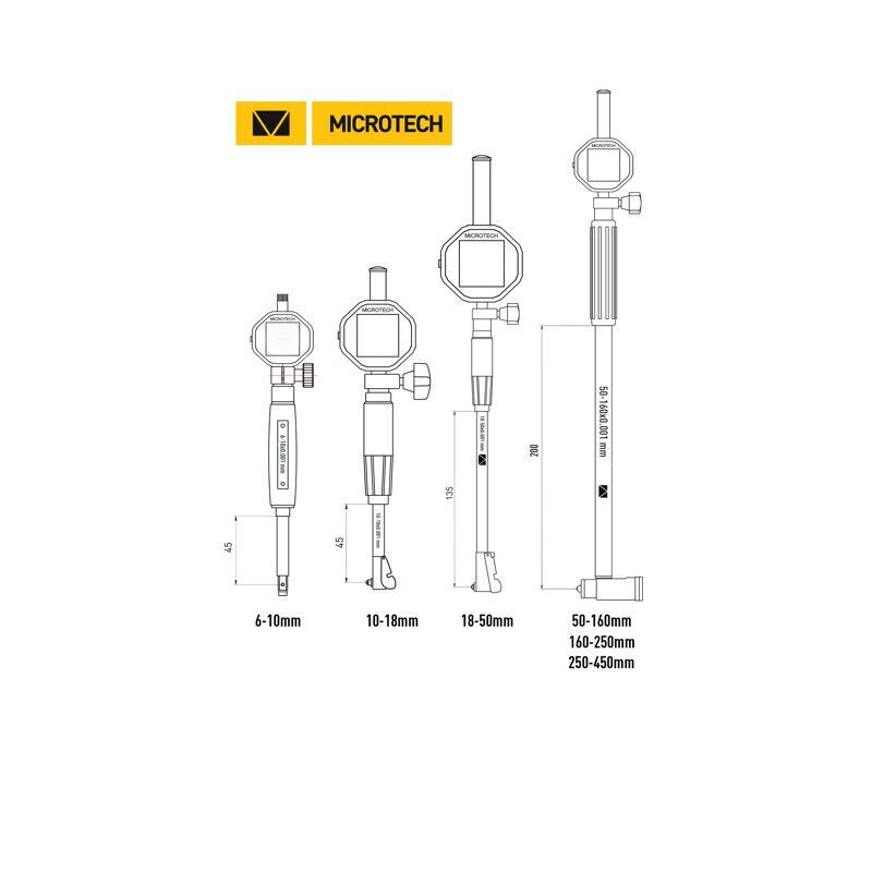 450mm Innen-Feinmessgerät Satz: Technische Zeichnung mit Größenangaben für 6-10mm, 10-18mm, 18-50mm, 50-450mm