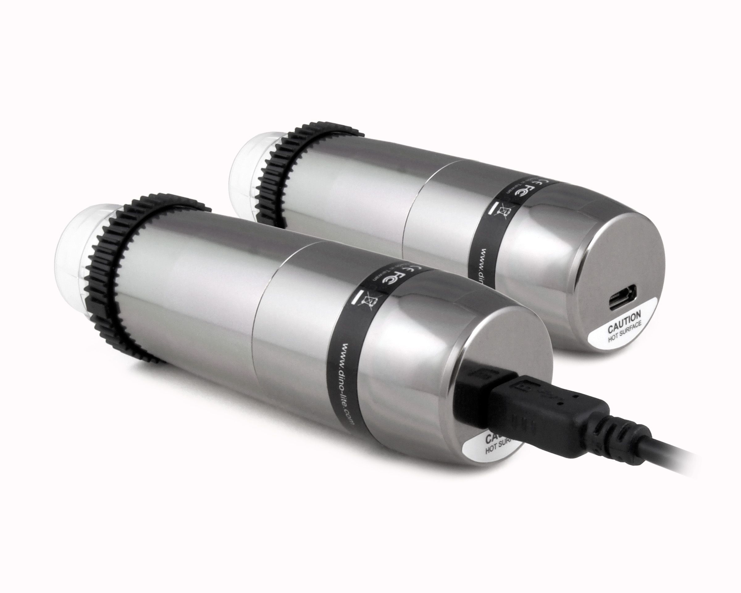 Dino-Lite AM4917MZTL USB Mikroskop: Zwei silberne Aluminium-Handmikroskope, eines mit angeschlossenem USB-Kabel