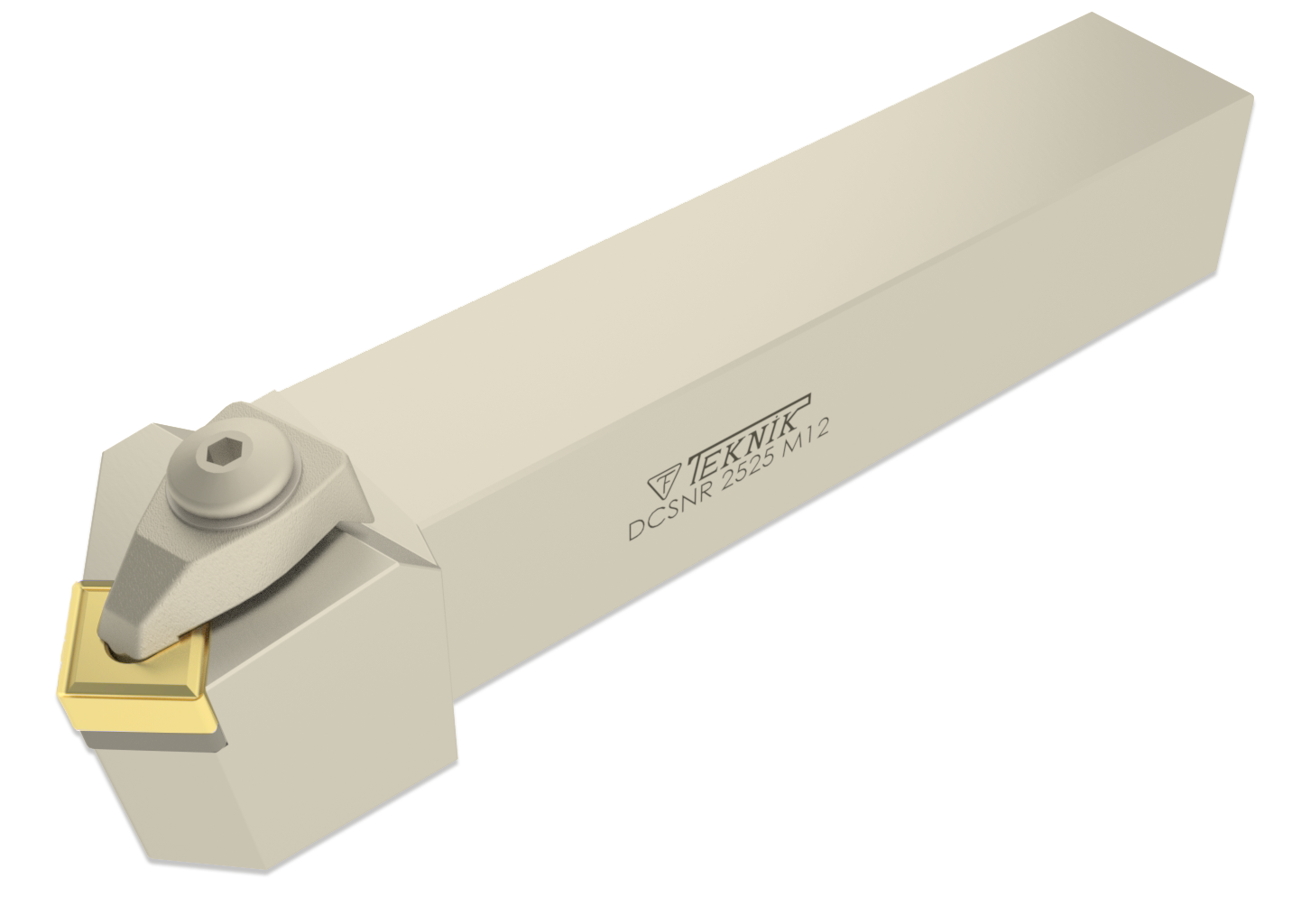 Klemmhalter DCXN auf weißem Hintergrund. Mit einer Wendeplatte des Typs CN--. Auf der Seite des Werkzeugs befinden sich das Logo des Herstellers und der Artikelcode.