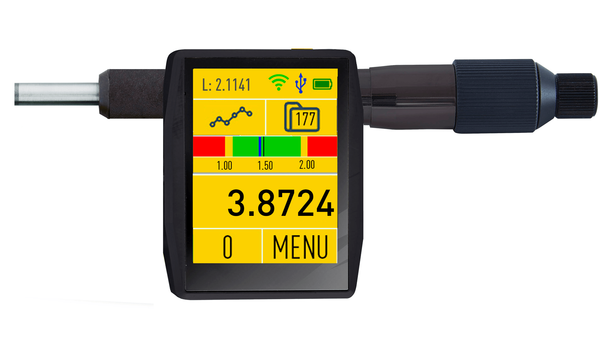 Microtech Einbaumessschraube mit 2.4" Touchscreen, Messspindel, 3.8724mm Anzeige, Frontalansicht
