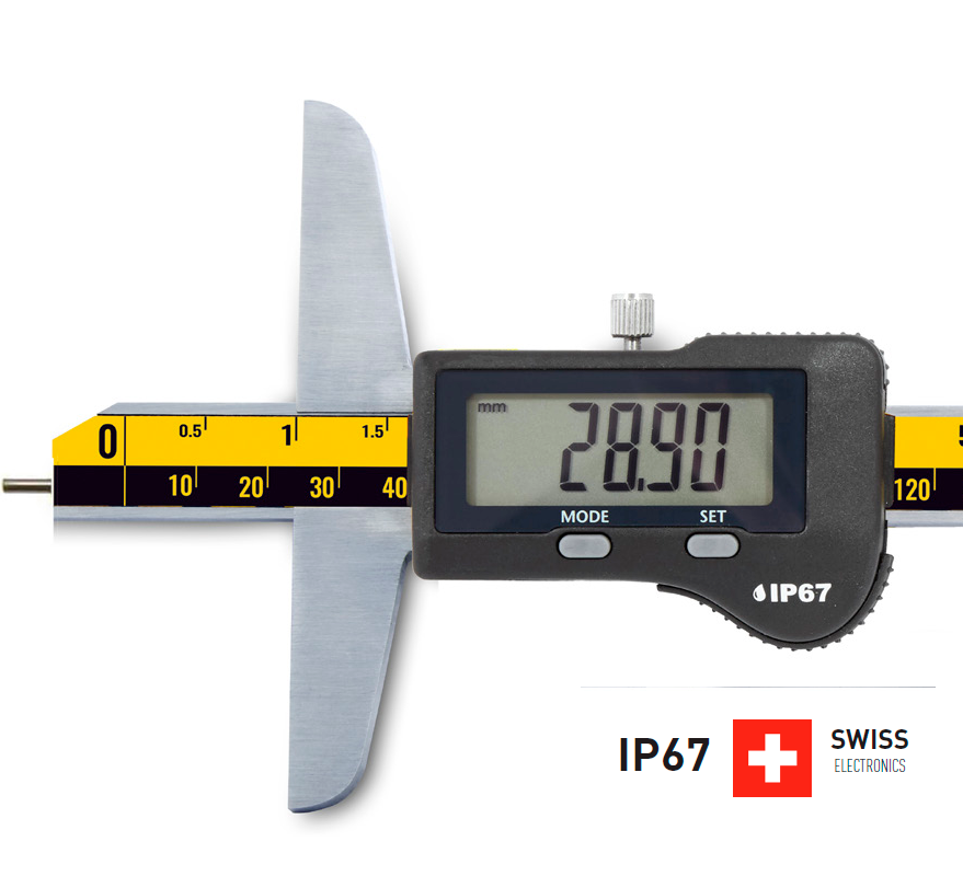 500mm Digital Tiefenmessschieber: Frontalansicht mit IP67-Schutz und Swiss Digit Anzeige