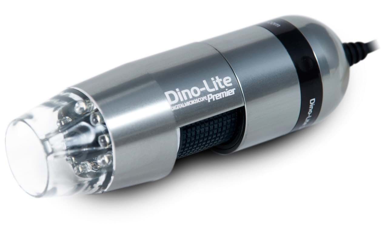 20-200x 5MP USB Handmikroskop AM7013MT: Graues Aluminiumgehäuse mit beleuchteter Spitze in Draufsicht