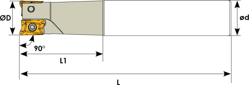 Technische Zeichnung eines Schaftfräsers. Schwarze Linien auf weißem Hintergrund. Die Wendeplatten sind in Gelb angezeigt. Mit Größenangaben.