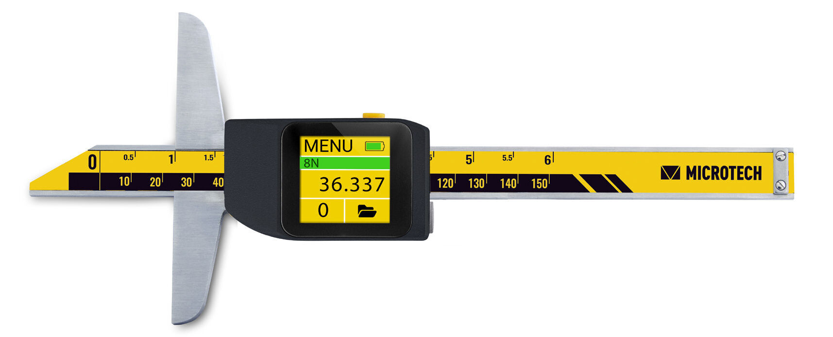 1000mm Tiefenmessschieber Microtech: Gelb-schwarze Skala, graue Messschenkel, Display mit 36.337 mm