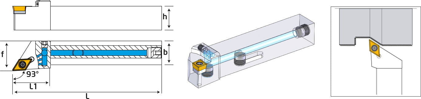 Technische Zeichnung eines Stech-Klemmhalters. Schwarze Linien auf weißem Hintergrund. Die Wendeplatten sind in Gelb angezeigt. Mit Größenangaben. Oben befindet sich die Seitenansicht, unten die Oberansicht.