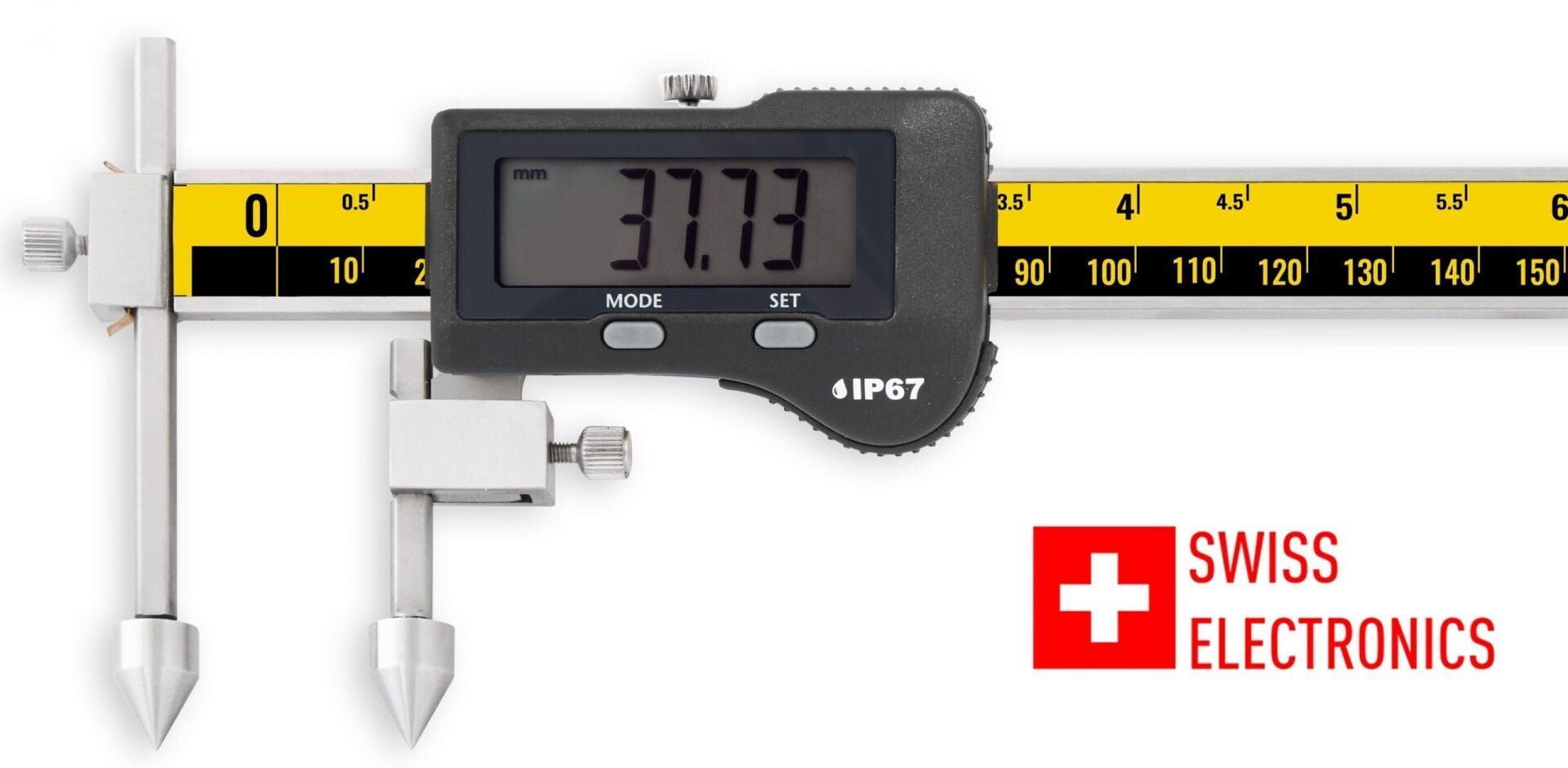 Microtech Digitaler Messschieber: Silberfarbenes Metall mit schwarzem Display, Messwert 37,73 mm, Frontalansicht