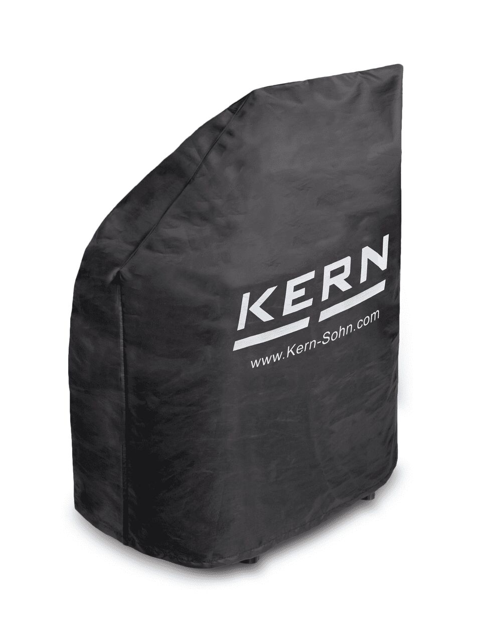 Schwarze Staubschutzhaube auf weißem Hintergrund. Die Haube ist aus schwarzem Synthetikstoff und auf der Seite prangert das Logo von KERN in weiß.
