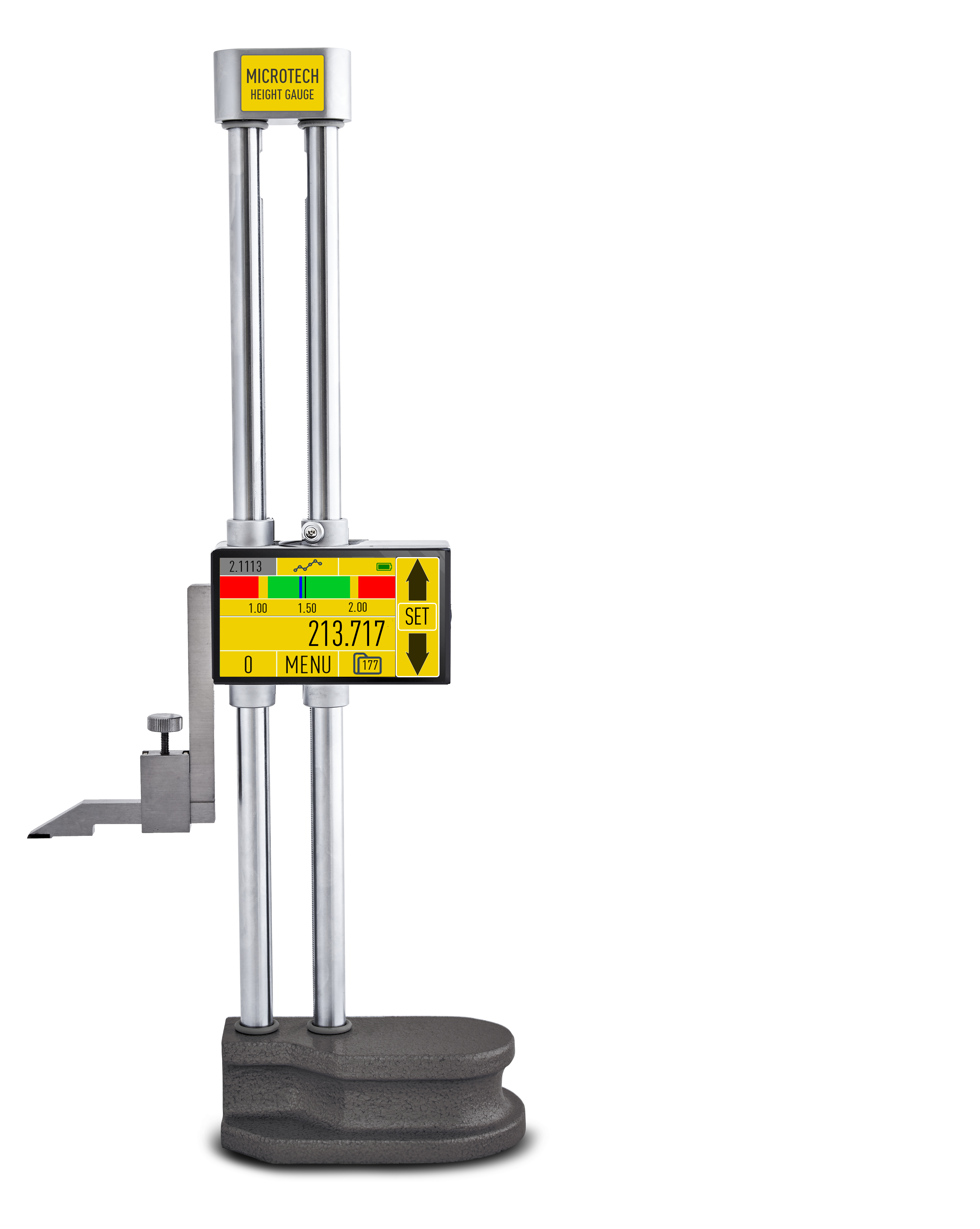 Microtech Metrology Höhenmessgerät: 600mm, Color-Touchscreen, Gusseisenfuß, Vorderansicht mit 213.717mm Anzeige