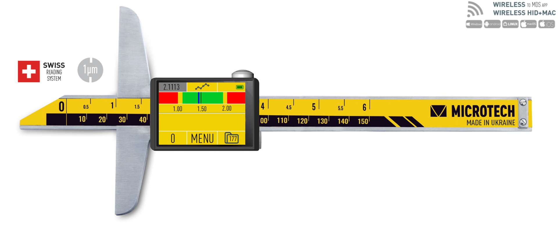 150mm Tiefenmessschieber, 0,005mm Auflösung, E‑Ink Display, IP54, ISO 17025 Kalibriert - Microtech Metrology