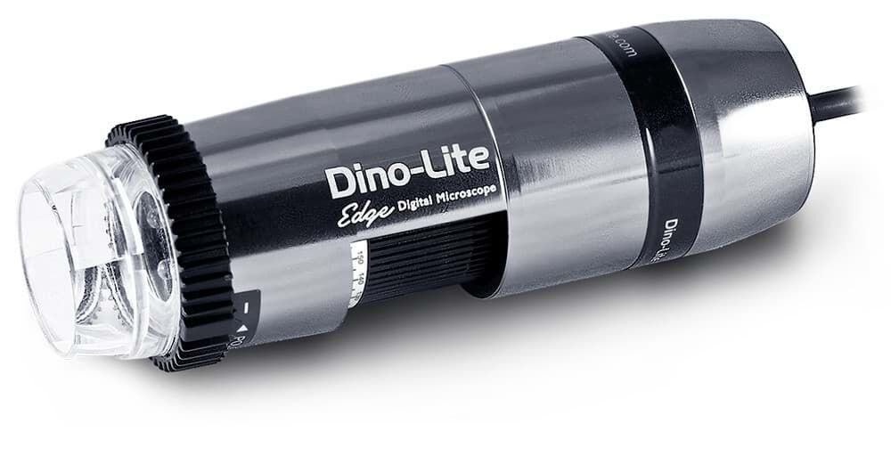 Dino-Lite AM7115MZT USB Mikroskop: Metallgehäuse, schwarze Gummibeschriftung und transparentes Objektiv mit LEDs.