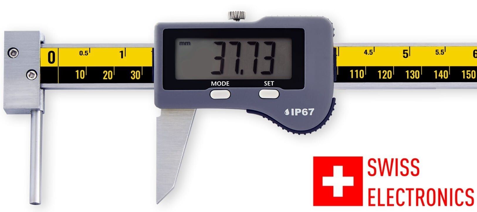 200mm Digitaler Messschieber: Draufsicht, graues Gehäuse, gelb-schwarze Skala, 37.73mm Anzeige, IP67 Logo