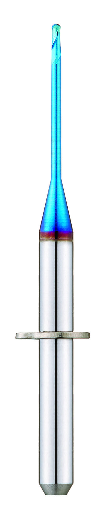 Aufrecht stehender Schaftfräser auf weißem Hintergrund. Die Spitze ist dünn und blau. Um den Körper befindet sich ein Ring.