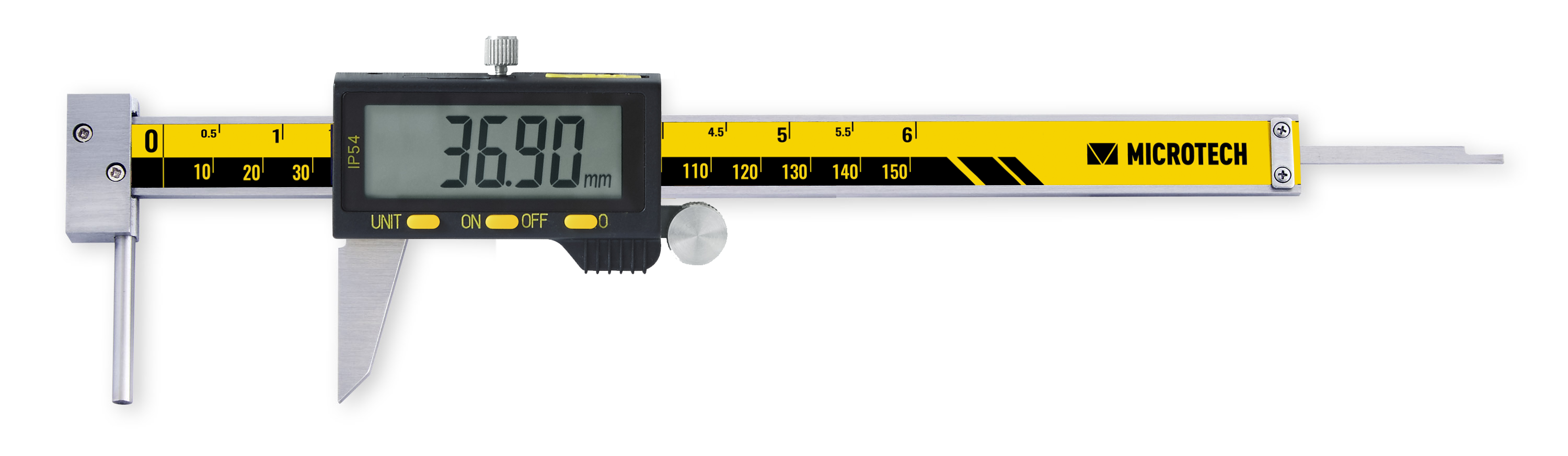 Microtech Digitaler Messschieber 0-300mm: Frontalansicht, gelb-schwarz, IP67, 0.01mm Anzeige 36.90mm
